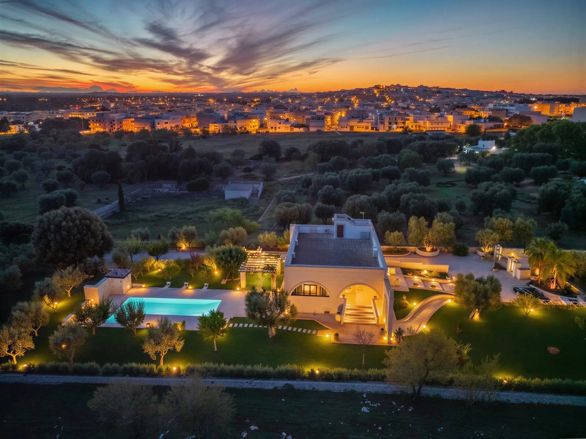 Masseria di lusso con piscina vista dall'alto al tramonto, tra gli ulivi del Salento